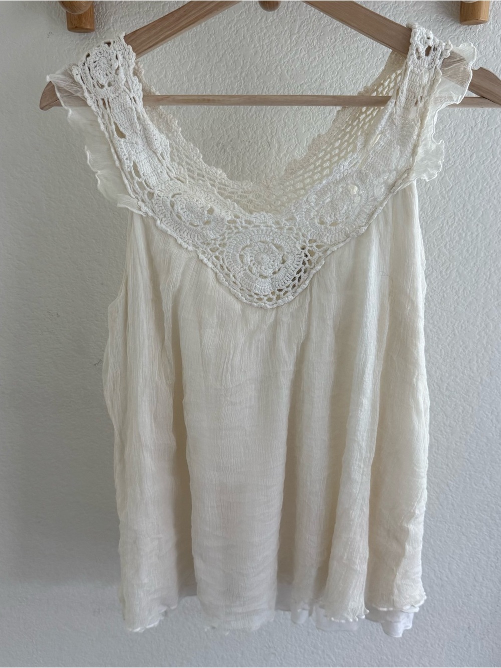 Y2K 100% silk Cream Crochet Lace Yoke Babydoll Top Boho Coquette Sleeveless